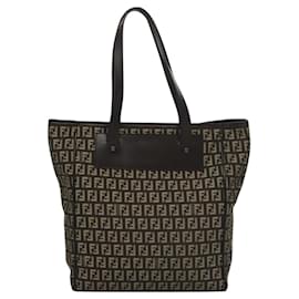 Fendi-FENDI Zucchino Canvas Tote Bag Brown Silver Auth mr1240-Brown,Silvery