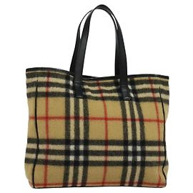 Autre Marque Burberrys Nova Check Blue Label Tote Bag Wool Beige Auth MX157 Beige