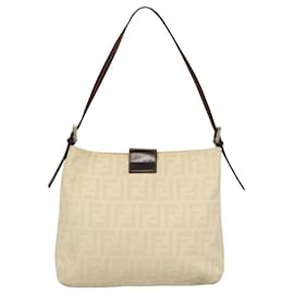 Fendi-FENDI Zucca Canvas Mamma Baguette Shoulder Bag Beige Silver Auth KD315-Silvery,Beige
