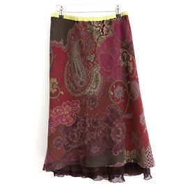 Etro Fall 2003 Wool Paisley Silk Hem Skirt Dark red