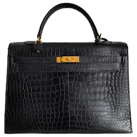 Hermès-HERMES KELLY 35 VINTAGE en cuir crocodile noir-Noir