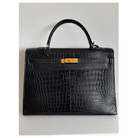 Hermès-HERMES KELLY 35 VINTAGE in black crocodile leather-Black