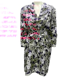 Autre Marque-Chufy Pink / Navy Floral Printed Belted Silk Mini Dress-Pink