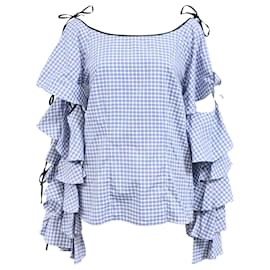 Autre Marque-Caroline Constas Amelie Gingham Ruffle Sleeve Top in Light Blue Cotton-Blue,Light blue
