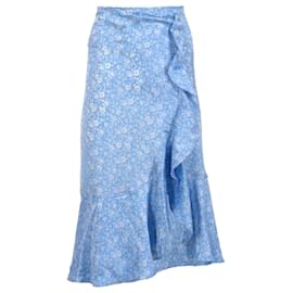 Ganni-Ganni Floral Frill Skirt in Light Blue Silk-Blue,Light blue
