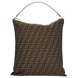 Fendi-FENDI Zucca Canvas Shoulder Bag Black Brown Auth MX072-Brown,Black
