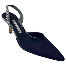 Manolo Blahnik-Manolo Blahnik Blue Canvas and Snakeskin Leather Slingback Pumps-Blue