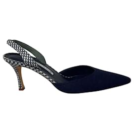 Manolo Blahnik-Manolo Blahnik Blue Canvas and Snakeskin Leather Slingback Pumps-Blue