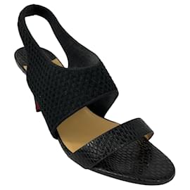 Christian Louboutin-Sandales à talons slingback en cuir embossé noir et tricot Christian Louboutin-Noir