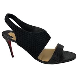Christian Louboutin-Sandales à talons slingback en cuir embossé noir et tricot Christian Louboutin-Noir