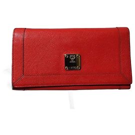 MCM Zipper Trifold Leather Wallet Red Red