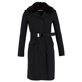 Prada Fur Trim Single-Breasted Coat in Black Wool Black
