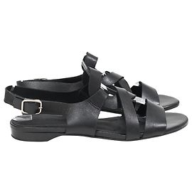 Iris & Ink Strappy Flat Sandals in Black Leather Black