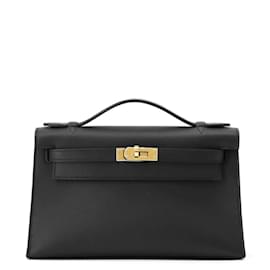 Hermès-Hermes Black Swift Leather Pochette Kelly Handbag-Black