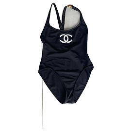 Chanel Einteiler Badeanzug Schwarz Weiß mit weißer CC Stickerei Schwarz Weiß