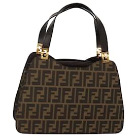 Fendi-FENDI Zucca Canvas Hand Bag Brown Black gold Auth MX208-Brown,Black,Golden