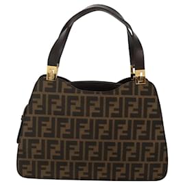 Fendi-FENDI Zucca Canvas Hand Bag Brown Black gold Auth MX208-Brown,Black,Golden