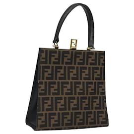 Fendi-FENDI Zucca Canvas Hand Bag Brown Black gold Auth BD1571-Brown,Black,Golden