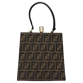 Fendi-FENDI Zucca Canvas Hand Bag Brown Black gold Auth BD1571-Brown,Black,Golden