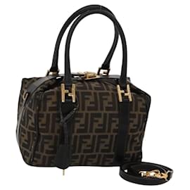 Fendi-FENDI Zucca Canvas Boston Bag 2way Brown Black gold Auth mr1267-Brown,Black,Golden