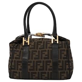 Fendi-FENDI Zucca Canvas Boston Bag 2way Brown Black gold Auth mr1267-Brown,Black,Golden
