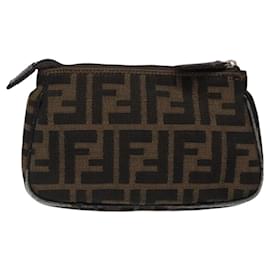 Fendi-FENDI Zucca Canvas Pouch Black Brown Auth 117119-Brown,Black