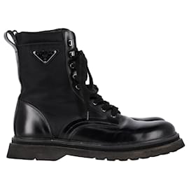Prada- Prada Logo Plaque Combat Boots in Black Leather and Nylon-Black