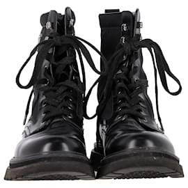 Prada- Prada Logo Plaque Combat Boots in Black Leather and Nylon-Black