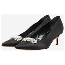 Manolo Blahnik-Black bejewelled satin kitten-heel pumps - size EU 36-Black