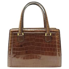 Hermès-VINTAGE SAC A MAIN HERMES PULLMAN 26 EN CUIR DE CROCODILE MARRON BROWN HAND BAG-Marron