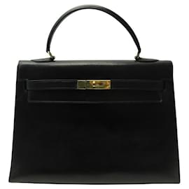 Hermès-VINTAGE HERMES KELLY 32 SELLIER BLACK BOX LEATHER 1964 HANDBAG PURSE-Black