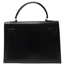 Hermès-VINTAGE HERMES KELLY 32 SELLIER BLACK BOX LEATHER 1964 HANDBAG PURSE-Black