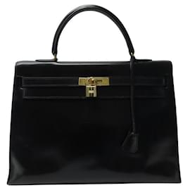Hermès-VINTAGE HERMES KELLY 35 BOX SELLIER BLACK LEATHER HANDBAG PURSE-Black