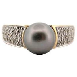 Autre Marque-TAHITI PEARL RING & 36 DIAMONDS 0.32 CT 53 18K GOLD 5.6 GR DIAMOND GOLD RING-Golden