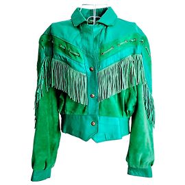 Vintage Lederjacke mit Fransen Hellgrün Türkis