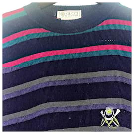 Gucci-Suéter de lã tricotado vintage Gucci autêntico com emblema de cavalo e faixa web-Multicor