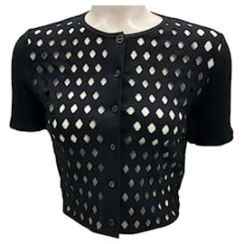 Fendi-Fendi Black Cropped Short Sleeved Laser Cut Knit Cardigan Sweater-Black