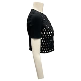 Fendi-Fendi Black Cropped Short Sleeved Laser Cut Knit Cardigan Sweater-Black