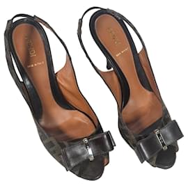 Fendi-Fendi Tobacco Zucca Bow Peep Toe Slingback Pumps in Brown Canvas-Brown,Bronze
