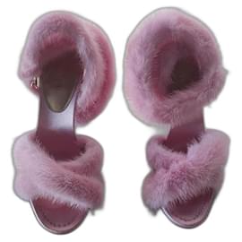 Valentino Garavani-Valentino Mink Fur Sandals Blush Size 40 Ankle Strap Heels-Pink