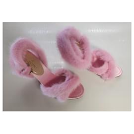 Valentino Garavani-Valentino Mink Fur Sandals Blush Size 40 Ankle Strap Heels-Pink