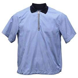 Sacai-Sacai Contrast Collar Striped Polo Shirt in Light Blue Cotton-Blue,Light blue