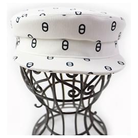 Hermès-Chapeau en coton et polyuréthane HERMES Vauban blanc et marine-Blanc
