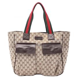 Gucci-Gucci GG Canvas Leather Tote Bag-Brown,Beige