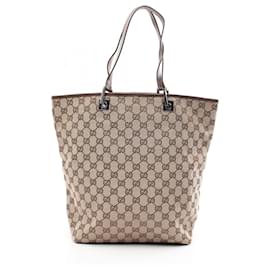 Gucci-Gucci GG Canvas Leather Tote Bag-Brown,Beige