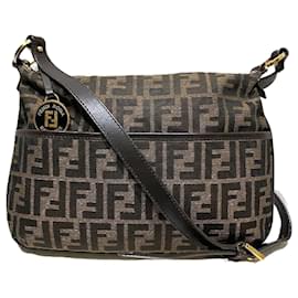 Fendi-Fendi Zucca Canvas Leather Shoulder Bag-Brown