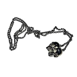 Alexander Mcqueen-Authentic Alexander McQueen Rare Silver Plated Double Swarovski Skulls Necklace-Silver hardware
