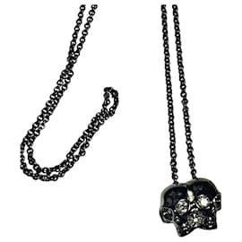 Alexander Mcqueen-Authentic Alexander McQueen Rare Silver Plated Double Swarovski Skulls Necklace-Silver hardware