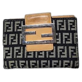 Fendi-FENDI Zucca Canvas and Leather Bi-fold Wallet Beige/Grey/Black-Black,Beige,Grey