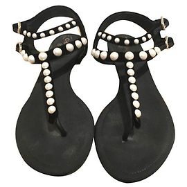 Chanel Black Leather Sandals Black